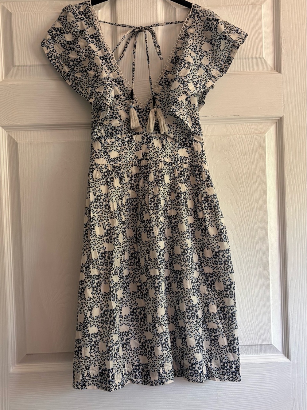 Anthropologie Cream and Navy Floral Tie-Back Mini Dress